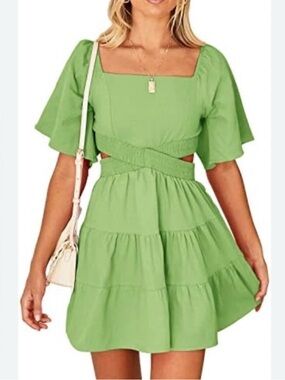 Shy Velvet Green Square-Neck Tiered Cutout Mini Dress